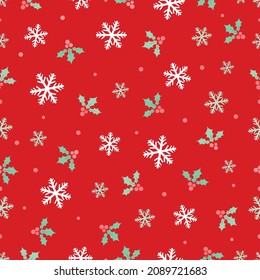 Holly berries and snowflakes texture wallpaper Vector Seamless Pattern for new year and Christmas Red color repeatable pattern Textile Fabric Prints, wrapping paper, wallpaper, card or banner template