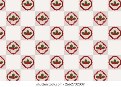 Holly berries tile pattern – swatch available in swatches panel – seamless Christmas checkerboard background with framed holly motif