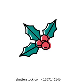 Holly berries vector icon in trendy minimalist style for Christmas. Cute bright holly isolated on white background. Winter holidays decoration. Line art. 