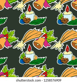Holly berries,christmas bells, poinsettia flowers, candles. Hand drawn vector Christmas seamless pattern  let you create christmas invitations, wrappers, fashion textile pattern, gifts, wallpapers.