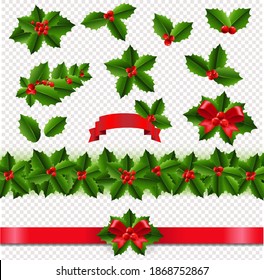 Holly Berry Big Set Transparent Background With Gradient Mesh, Vector Illustration