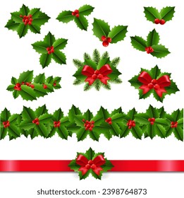 Holly Berry Big Set White Background With Gradient Mesh, Vector Illustration