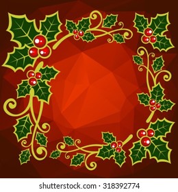 Holly berry border on a red polygonal background.