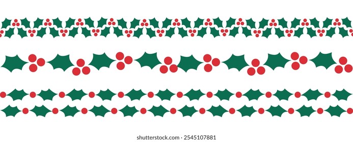 holly berry border set, Christmas horizontal decorative design elements, vector dividers