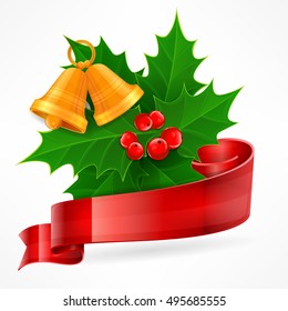 Holly berry branch on white. New Year design elements. Winter holiday concept. Vector illustration