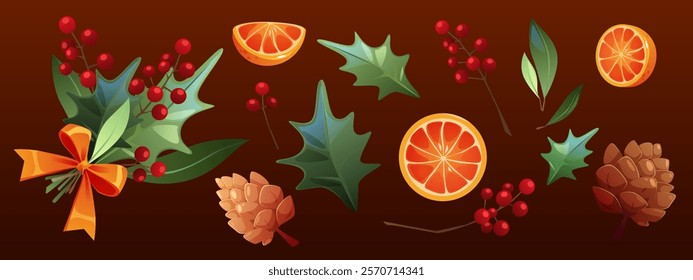 Holly berry branches, orange, pine cones on brown. Vector cartoon illustration of winter holiday decor, bunch of green plant with red berries, lemon and ribbon decoration, Christmas card background