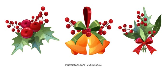 Holly berry branches set isolated on white. Vector cartoon illustration of winter holiday decor, bunch of green plant with red berries, golden bells and ribbon bow decoration, Christmas card element