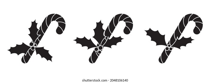 Holly berry with candy cane. Set of black christmas icons. Gift icon in flat design. Vector illustration.