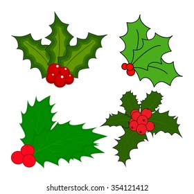 Holly berry, Christmas leaves and fruits icon, symbol, design. Winter vector illustration isolated on white background.