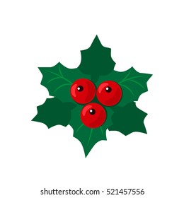 Holly Berry Christmas on a white background. Mistletoe with red berries and green leaves isolated on white background. flat vector illustration. easy to use