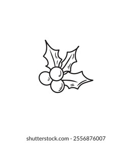 Holly berry Christmas plant in black isolated on white background, Hand drawn vector sketch illustration in doodle engraved vintage line art style. Christmas eve decoration, winter season