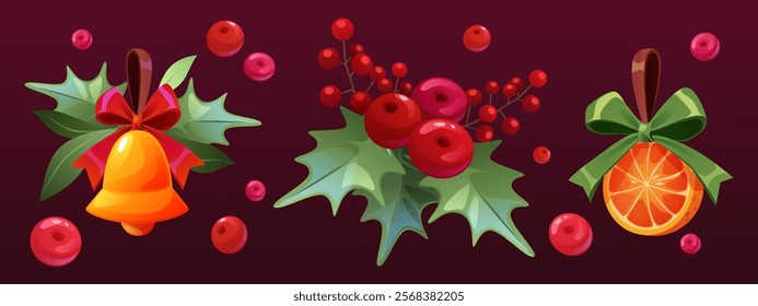 Holly berry Christmas set - golden bell with red bow, spiky green leaves with crimson berries and decorative orange slice tied with ribbon. Traditional winter holiday elements for festive design.