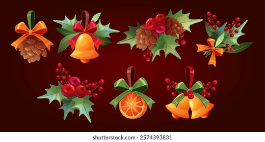 Holly berry Christmas set - golden bell with red bow, spiky green leaves with crimson berries and decorative orange slice tied with ribbon. Traditional winter holiday elements for festive design.