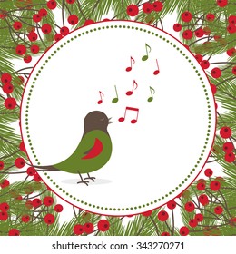 Holly Berry Frame Design with singing Bird