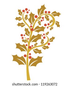 Holly berry - gold branch with red fruits. Christmas symbol