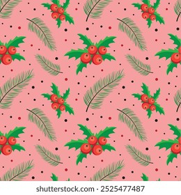 Holly berry, green leaves and red berries cartoon seamless pattern. Vector festive illustration.