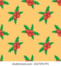 Holly berry, green leaves and red berries cartoon seamless pattern. Vector festive illustration.