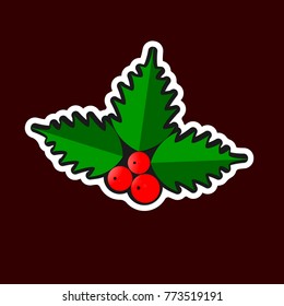Holly berry icon, Christmas mistletoe, flat design template, Xmas isolated sticker, vector illustration