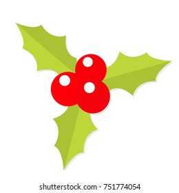 Holly berry icon. Mistletoe. Green leaf Three red berries. Merry Christmas symbol. Flat design. White background. Isolated. Vector illustration