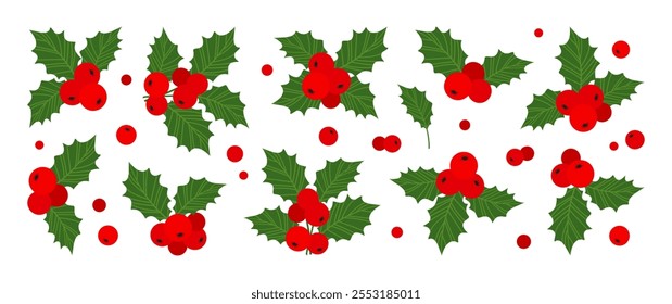 Holly berry and leaf, Christmas mistletoe icon, winter decoration, Xmas red ilex branch. Cartoon holiday set isolated on white background. Vector illustration