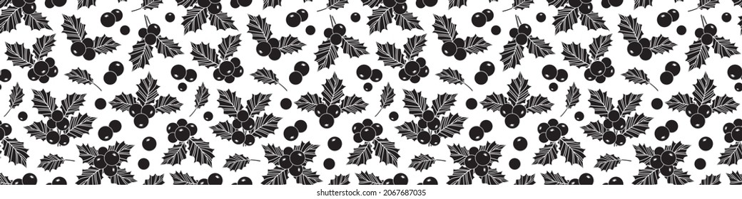 Holly berry with leaf vector seamless pattern, Christmas branch repeat background, winter vintage decoration. Black holiday illustration