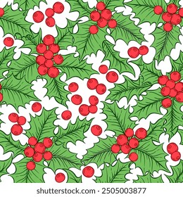 Holly berry leaves and berries vintage christmas holiday hand drawn vector seamless pattern.