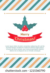 Holly berry leaves Christmas icon. Merry Christmas and Happy New Year greeting card template with omela design. Happy holidays. Christmas card, poster, banner, frame. Flat vector illustration