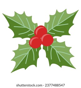 Holly berry and leaves Christmas symbol. Vector Flat Botany illustration. Seasonal December Holiday decoration in cartoon style. Color template for Postcard, Sticker, Banner, Card.