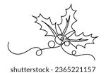 Holly berry leaves Continuous line hand-drawn. Christmas Hollyberry Vector illustration.