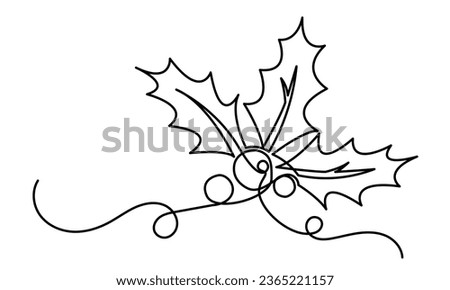 Holly berry leaves Continuous line hand-drawn. Christmas Hollyberry Vector illustration.