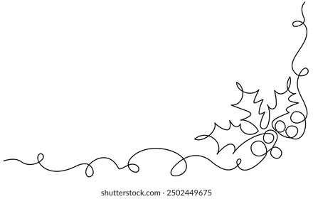 Holly berry leaves decoration. Continuous one line drawing. Christmas Holly berry. Hand-drawn Vector illustration.
