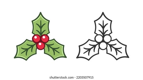 Holly berry with leaves. Ilex berries on sprig mistletoe outline and colored doodle cartoon illustration set. Winter Christmas theme coloring book page activity for kids and adults.