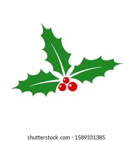 Holly berry leaves isolated. Christmas icon in flat design. Vector illustration.