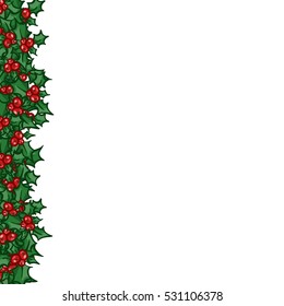 Holly With Berry Left Side Border. Vector Christmas And New Year Design Element