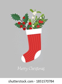 Holly berry and Mistletoe Branch in Christmas sock. Cute vector illustration, greeting card template