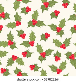Holly berry mistletoe leaves composition element seamless pattern. Red and green on beige background. Christmas holidays season sign symbol. Vector design illustration for decoration.