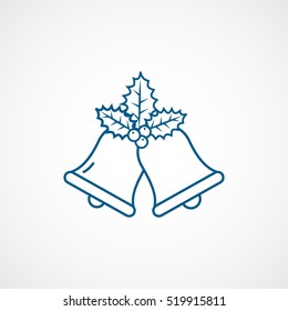 Holly Berry On Bells Christmas New Year Blue Line Icon On White Background