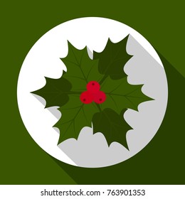 Holly berry on green background with long shadow. Vector illustration for Christmas and New Year card. Flat design. EPS10.