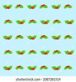 Holly Berry Pattern. Red christmas berries with leaves on light green background