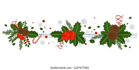 Holly berry, pine branch and cones, snowflakes, serpentine and caramel cane. Decoration for traditional wreath on door to Christmas, New year. For greeting card, vignette, banner, email for holiday.