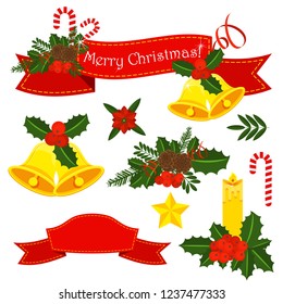 Holly berry, pine branch and cones, snowflakes, serpentine and caramel cane. Decoration for traditional wreath on door to Christmas, New year. For greeting card, vignette, banner, email for holiday.