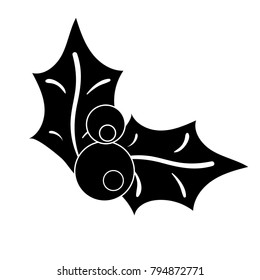 Holly berry plant. Black and white flat icon of christmas winter mistletoe flower. Vector illustration isolated on white background
