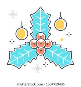 Holly berry related color line vector icon, illustration. The icon is about decoration, green, Christmas, decorative, leaf, plant. The composition is infinitely scalable.