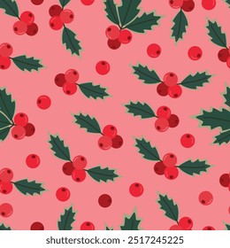 Holly berry seamless pattern. Christmas decoration element. Winter greenery. Leaves with red berries on pink background. 