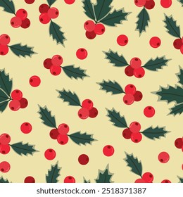 Holly berry seamless pattern. Christmas decoration element. Winter greenery. Leaves with red berries on yellow background. 