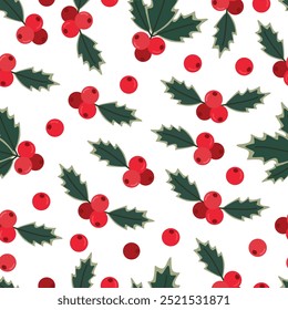 Holly berry seamless pattern. Christmas decoration element. Winter greenery. Leaves with red berries on white background. 