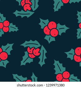 Holly berry seamless pattern. On dark blue background.