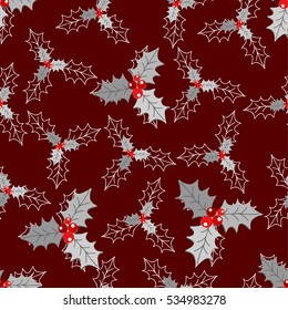 Holly berry seamless pattern on dark red background. Vector