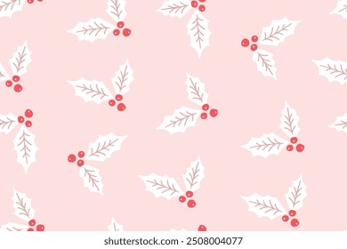 Holly berry seamless pattern, pink texture with red berries, Christmas gift wrapping paper.