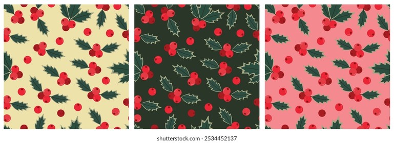 Holly berry seamless patterns set. Christmas decoration element. Winter greenery. Leaves with red berries on white background. 